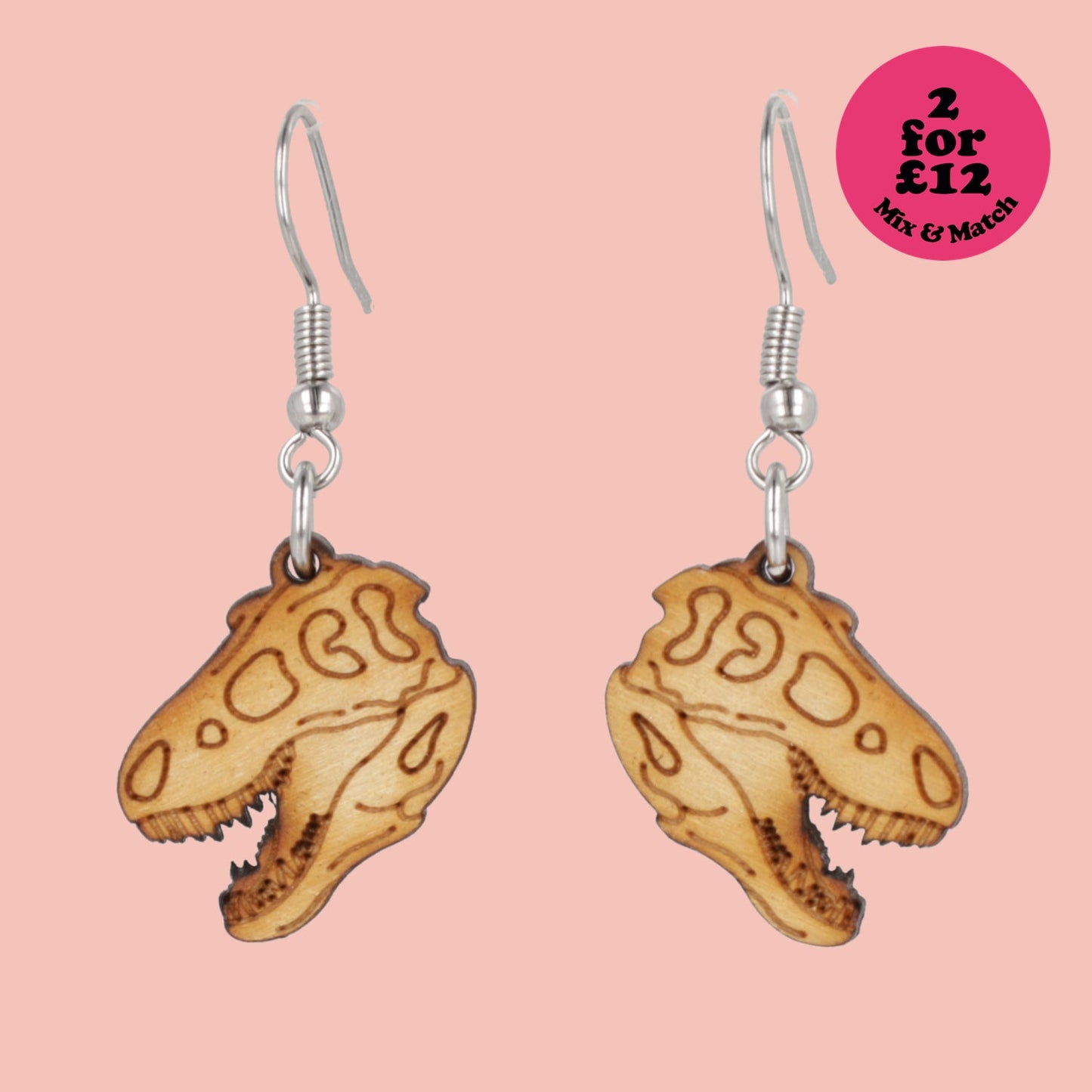 Wooden T-Rex Skull Earrings