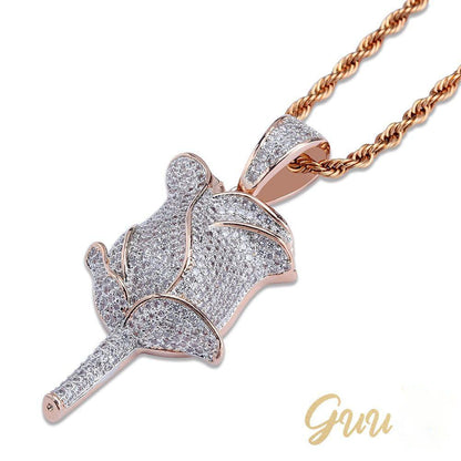 30mm  Iced Gold-Plated CZ  Rose Pendant & Cuban Link Chain