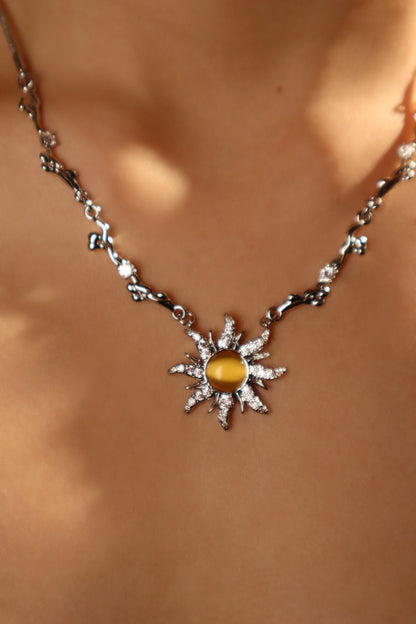 Palladium White Gold Plated Orange Opal Sun Necklace
