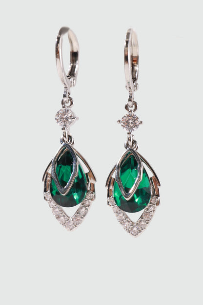 Palladium White Gold Plated Green Gem Droplet Earrings