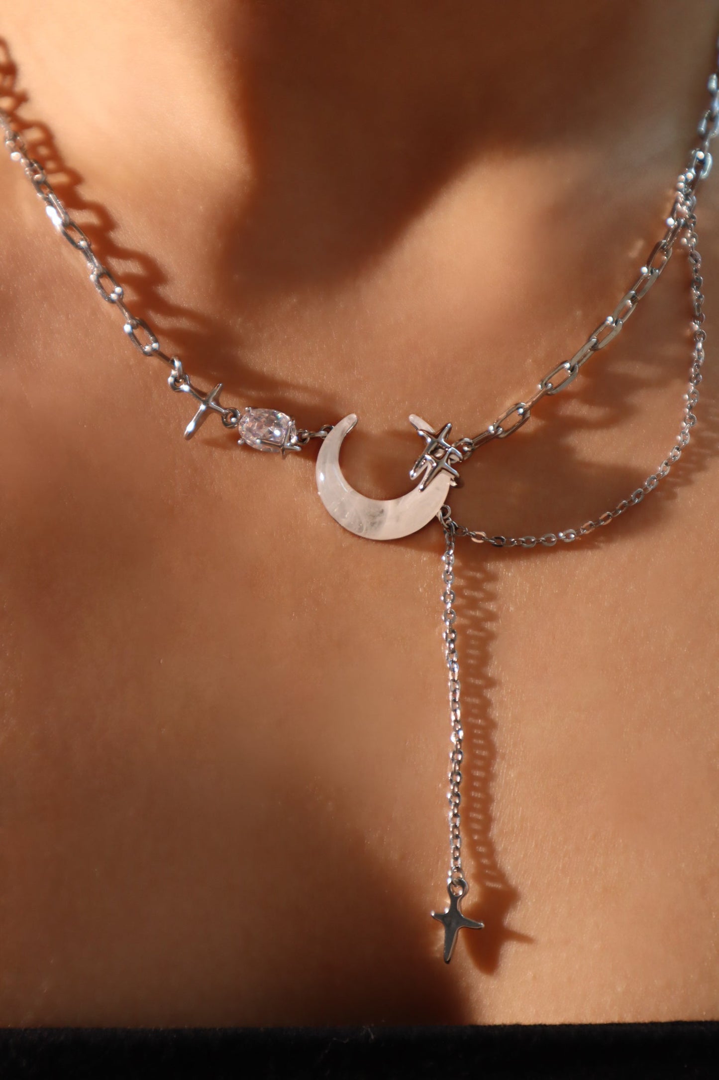 Palladium White Gold Plated Moon Star Chain Necklace
