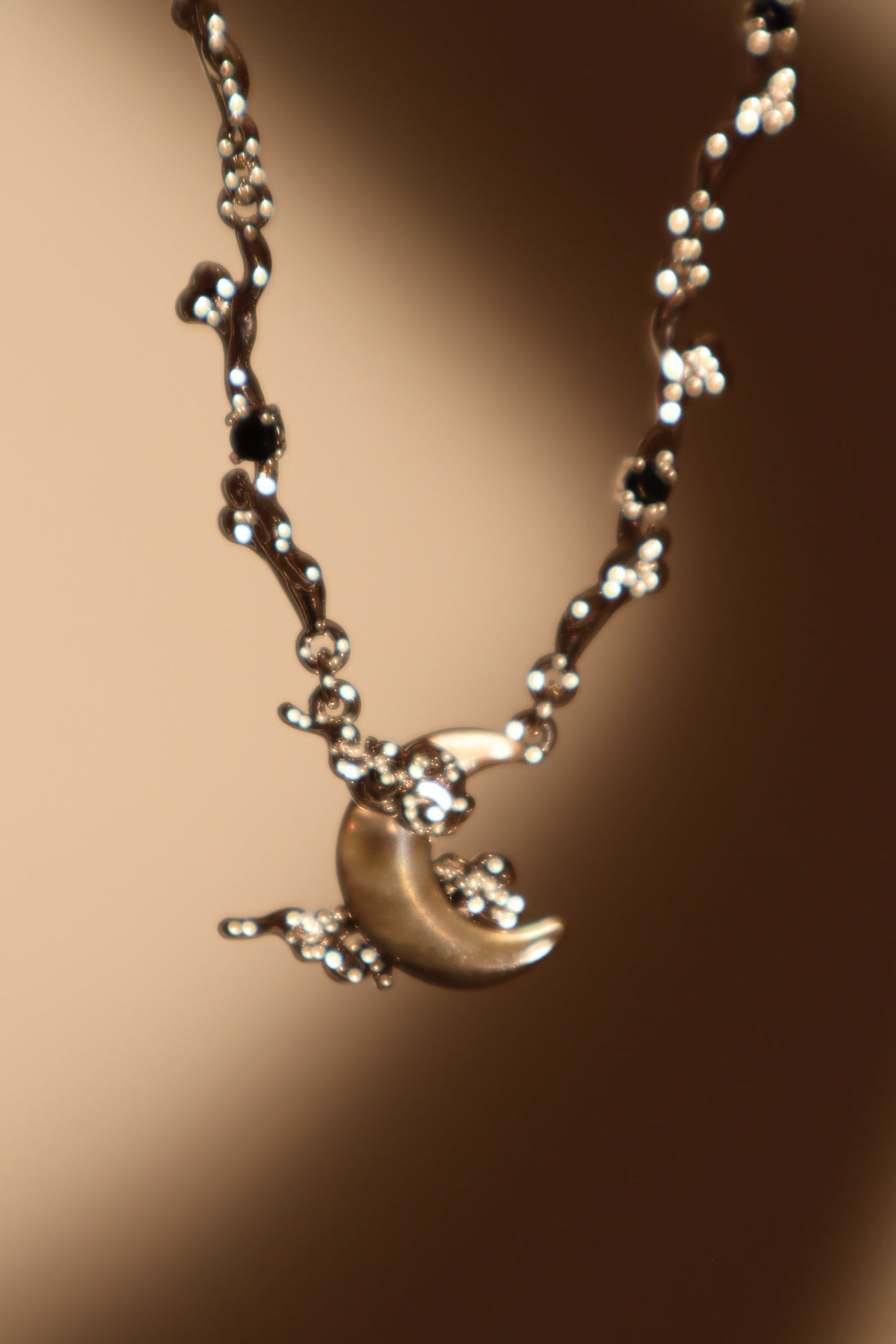Palladium White Gold Plated Black Shell Moon Necklace