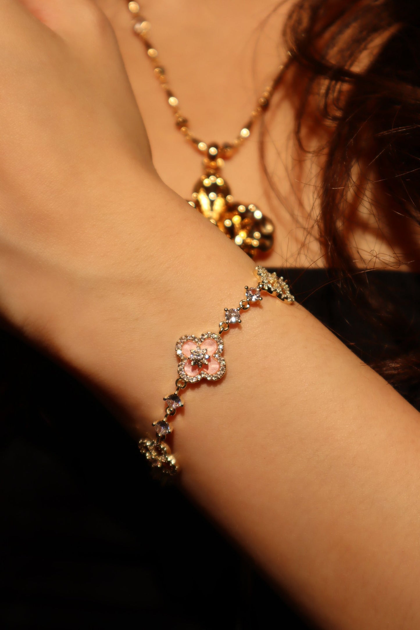 14K Real Gold Plated Pink Lucky Leaf Bracelet