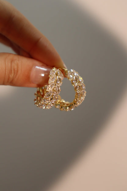 14K Real Gold Plated Diamond Leaf Hoop Earrings