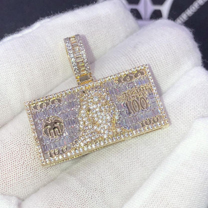$100 Bill Money Baguette VVS CZ Hip Hop Iced Out Pendant