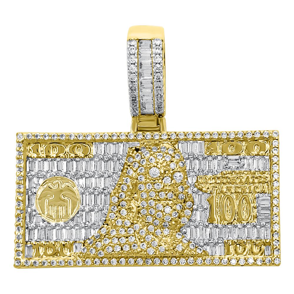 $100 Bill Money Baguette VVS CZ Hip Hop Iced Out Pendant