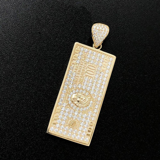 $100 Bill Vertical CZ 10K Yellow Gold Pendant