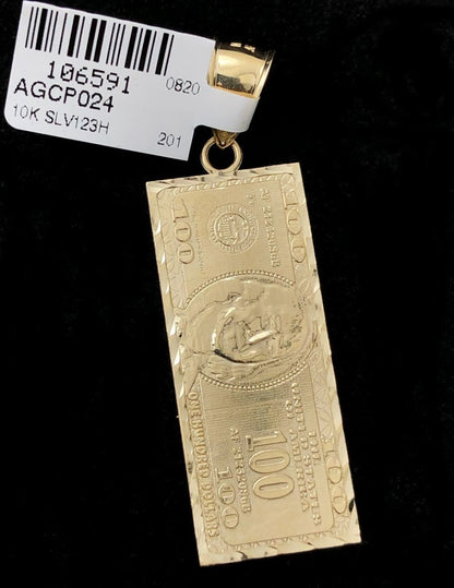 $100 Bill Vertical DC 10K Yellow Gold Pendant
