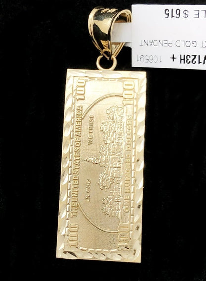 $100 Bill Vertical DC 10K Yellow Gold Pendant