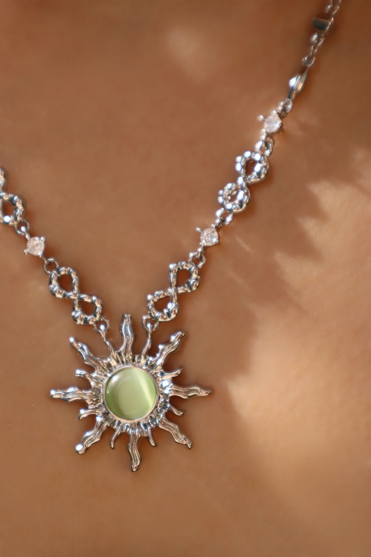 Palladium White Gold Plated Green Opal Sun Necklace