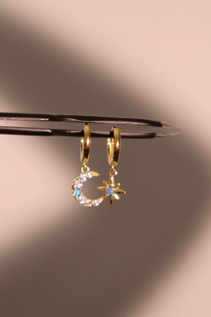 18K Gold Vermeil Moon Star Blue Opal Earrings