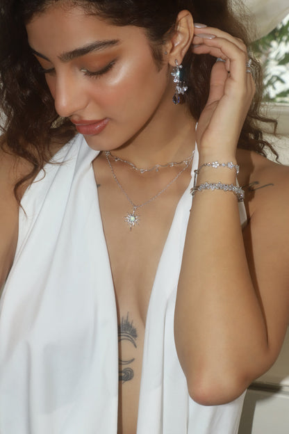 Palladium White Gold Plated Pole Star Wave Layer Necklace