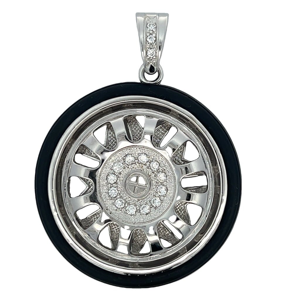 12 Spoke Spinner Rim with Tire CZ Pendant .925 Sterling Silver