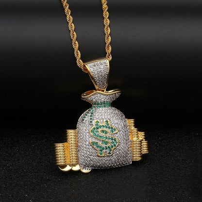 18K Yellow Gold-Plated Micro-inlay AAA CZ Dollar Money Bag Pendant