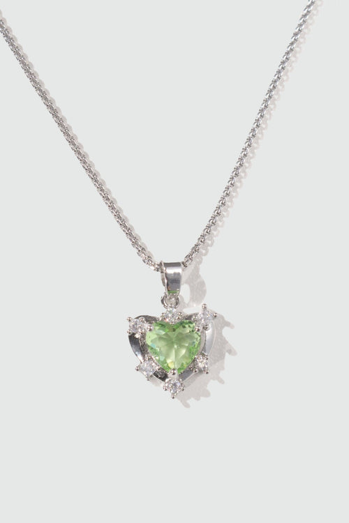 Palladium White Gold Plated Diamond Green Gem Heart Necklace