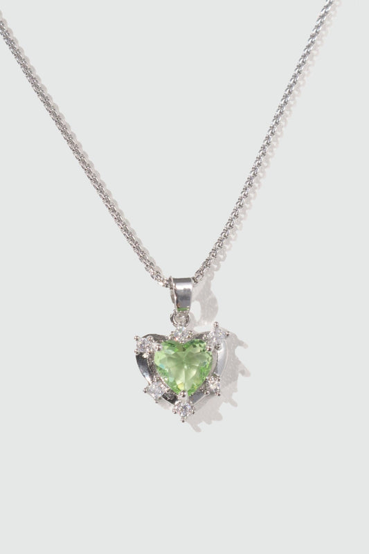 Palladium White Gold Plated Diamond Green Gem Heart Necklace