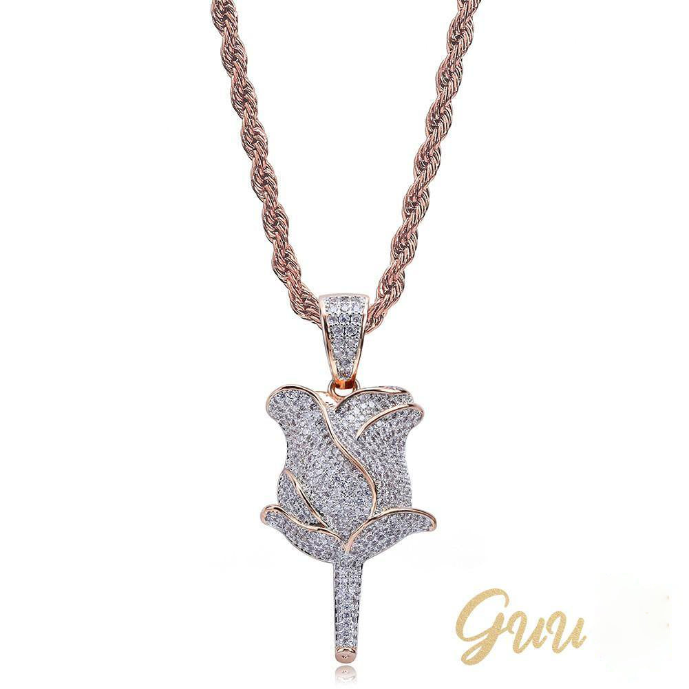 30mm  Iced Gold-Plated CZ  Rose Pendant & Cuban Link Chain
