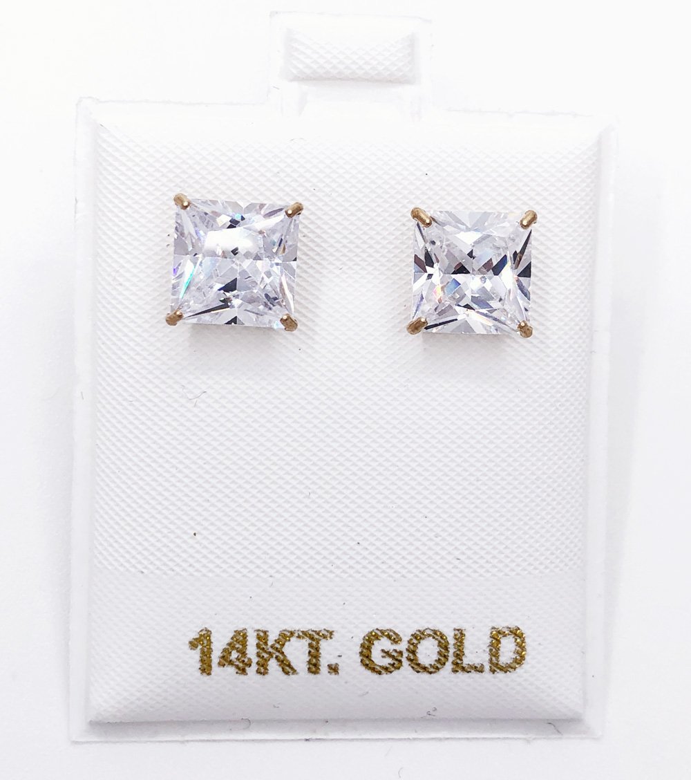 14K Gold Princess CZ Stud Earrings Bling Bling