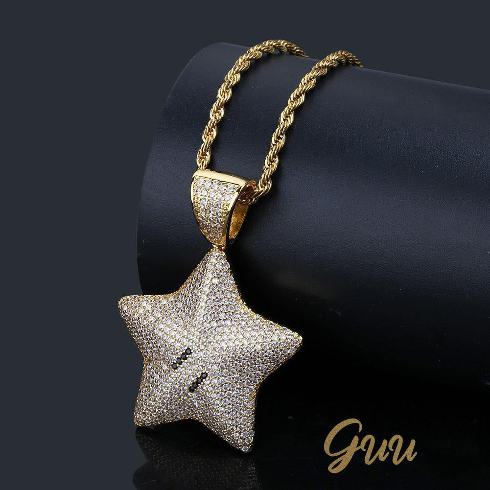 18K Gold-Plated CZ  Pentagram Hip Hop Pendant Necklace