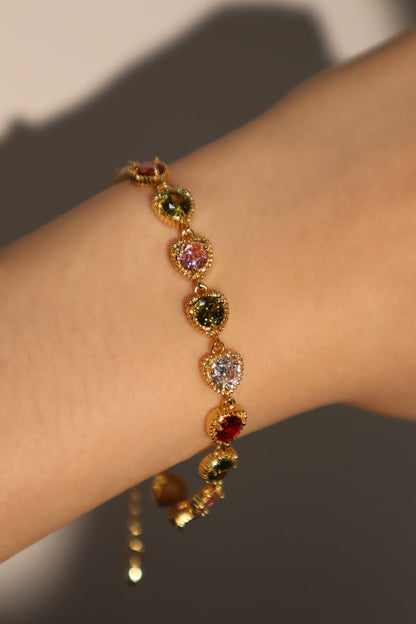 14K Real Gold Plated Multi Heart Color Gemstones Bracelet