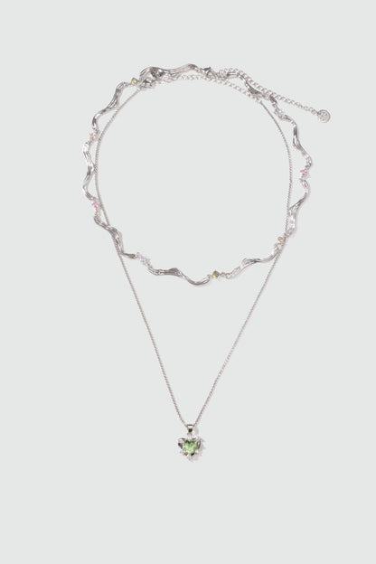 Palladium White Gold Plated Diamond Green Gem Heart Necklace