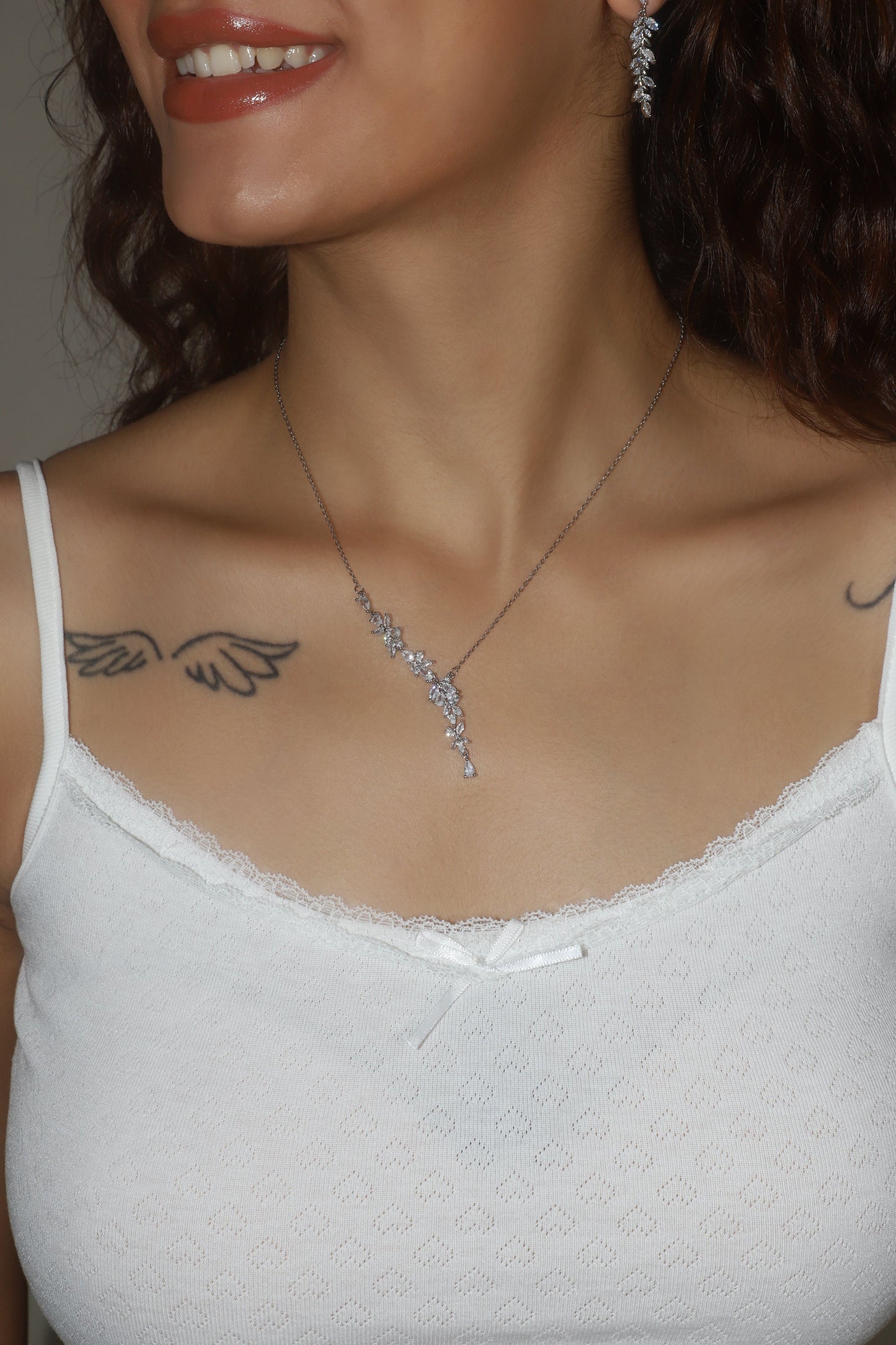 Palladium White Gold Plated Diamond Leaf Necklace