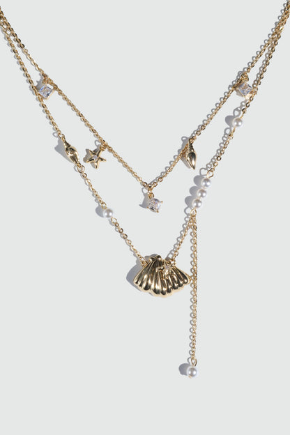 18K Real Gold Plated Shell Starfish Pearls Layer Necklace