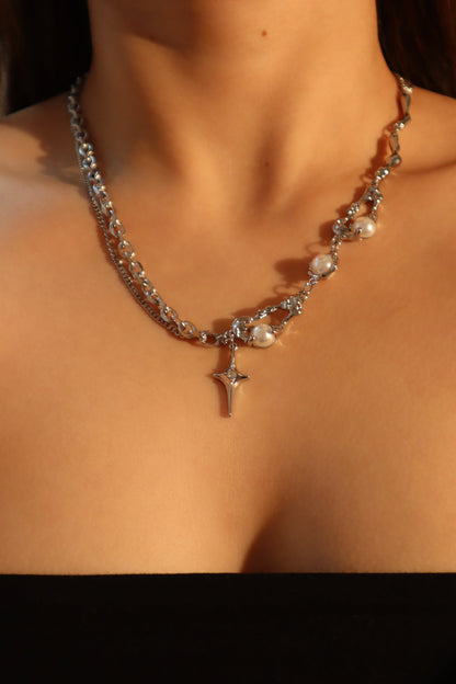 Palladium White Gold Plated Pearl Star Necklace