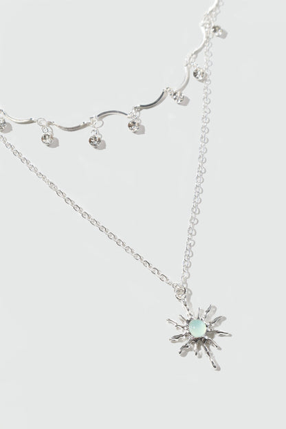Palladium White Gold Plated Pole Star Wave Layer Necklace