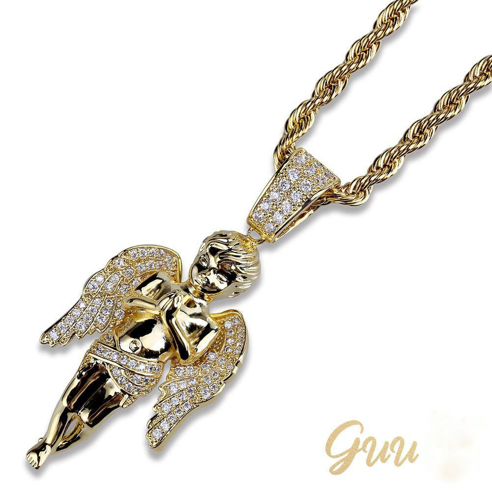 18k Gold-Plated 21mm AAA CZ Angel Pendant # Punk Rapper Chain