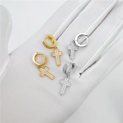 2 Row Tennis Cross Dangling Huggie Hoop CZ Iced Out Earrings .925 Silver