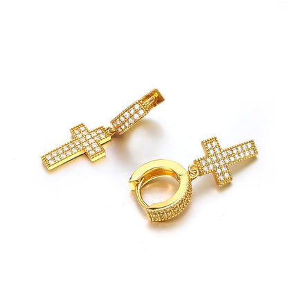 2 Row Tennis Cross Dangling Huggie Hoop CZ Iced Out Earrings .925 Silver