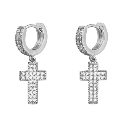 2 Row Tennis Cross Dangling Huggie Hoop CZ Iced Out Earrings .925 Silver