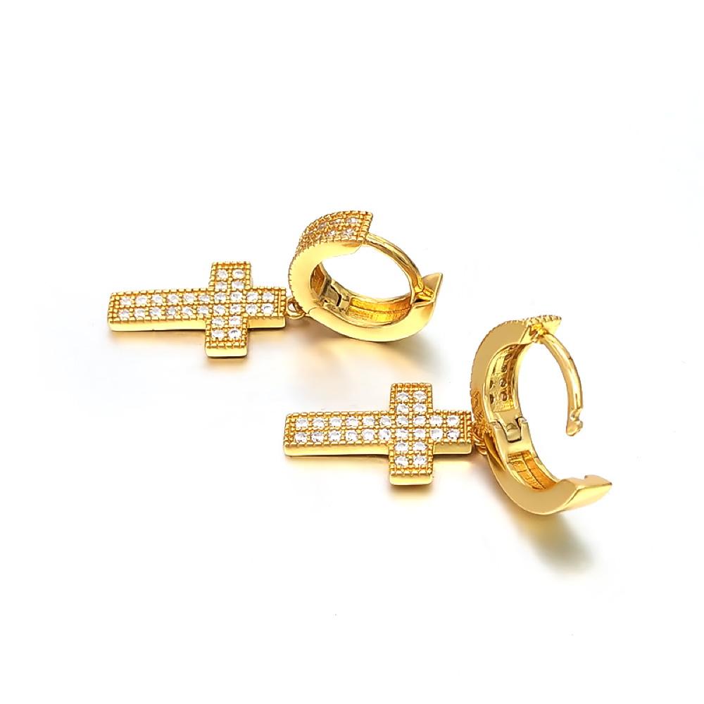 2 Row Tennis Cross Dangling Huggie Hoop CZ Iced Out Earrings .925 Silver