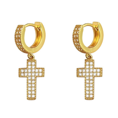 2 Row Tennis Cross Dangling Huggie Hoop CZ Iced Out Earrings .925 Silver