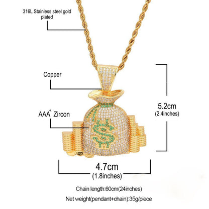 18K Yellow Gold-Plated Micro-inlay AAA CZ Dollar Money Bag Pendant
