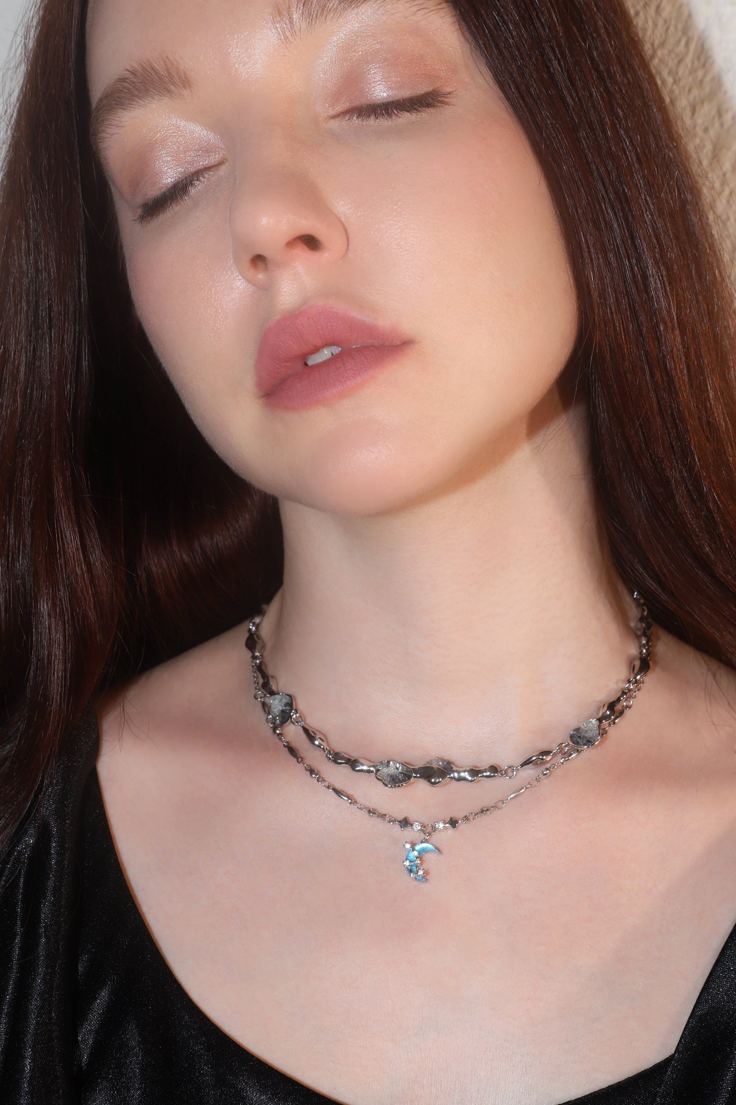 Palladium White Gold Plated Moonstone Moon Star Necklace