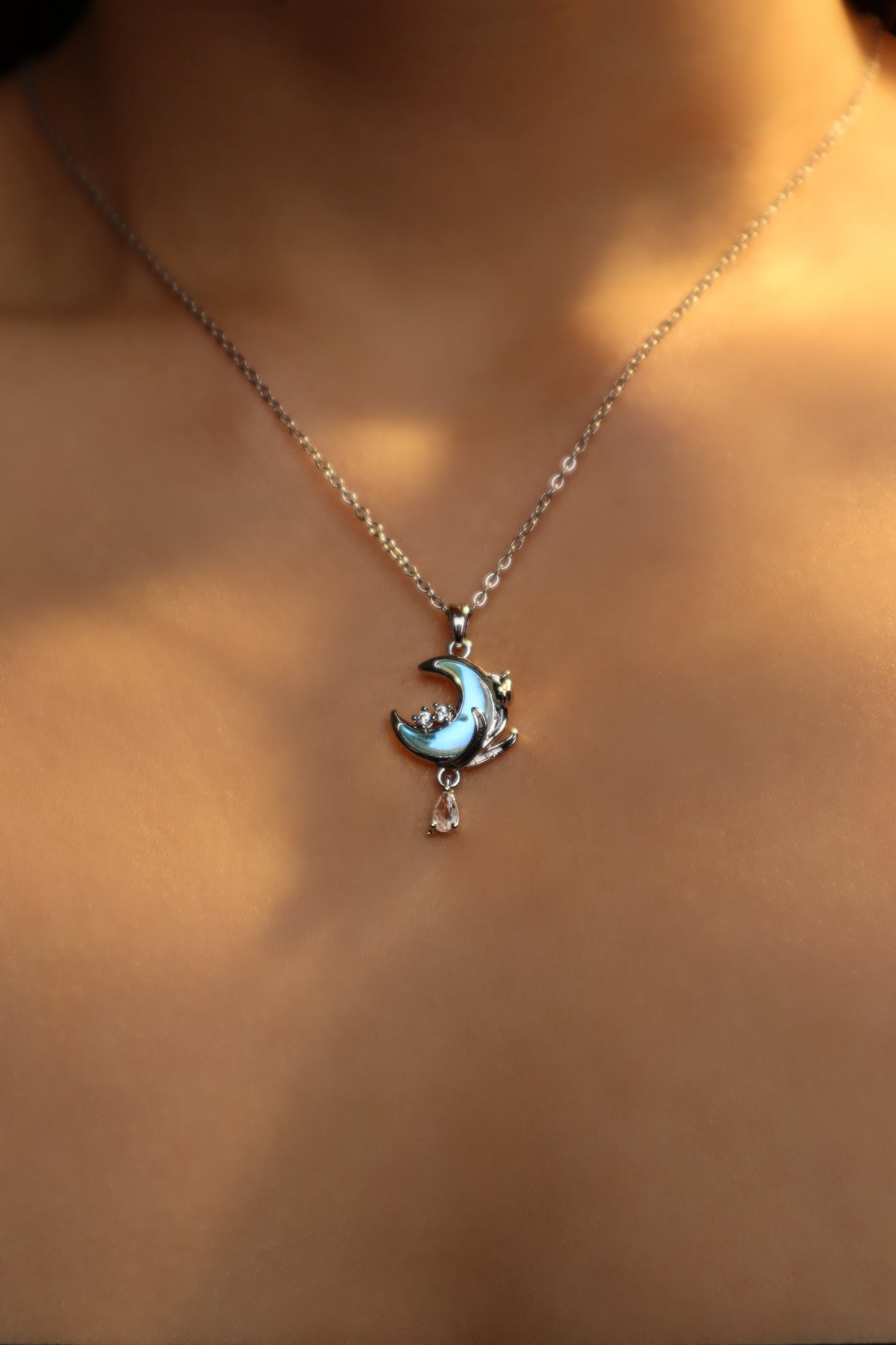Blue Moonstone Rose Moon Necklace
