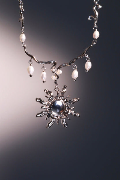 Palladium White Gold Plated White Opal Sun Pearls Necklace