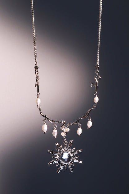 Palladium White Gold Plated White Opal Sun Pearls Necklace