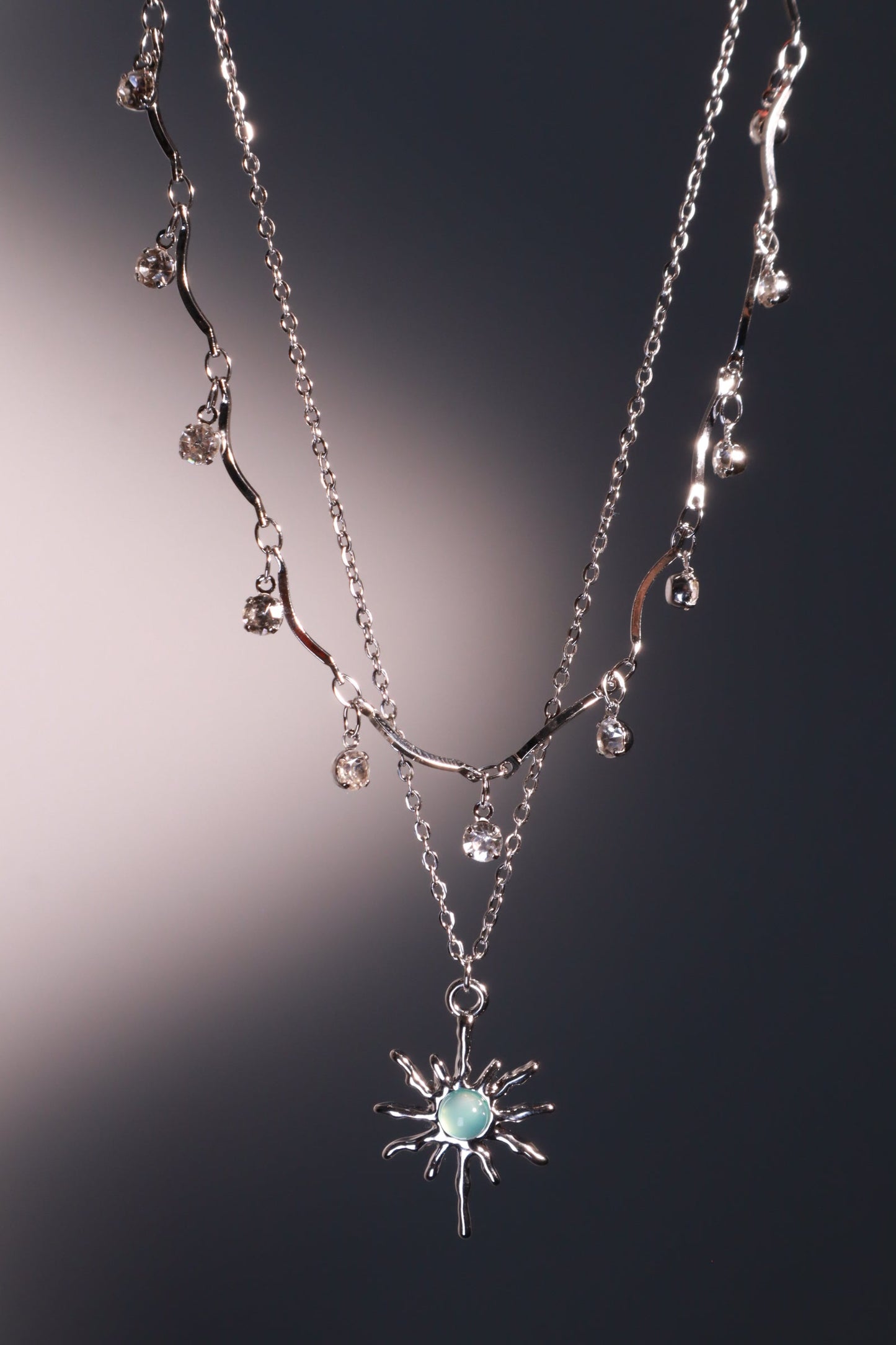 Palladium White Gold Plated Pole Star Wave Layer Necklace