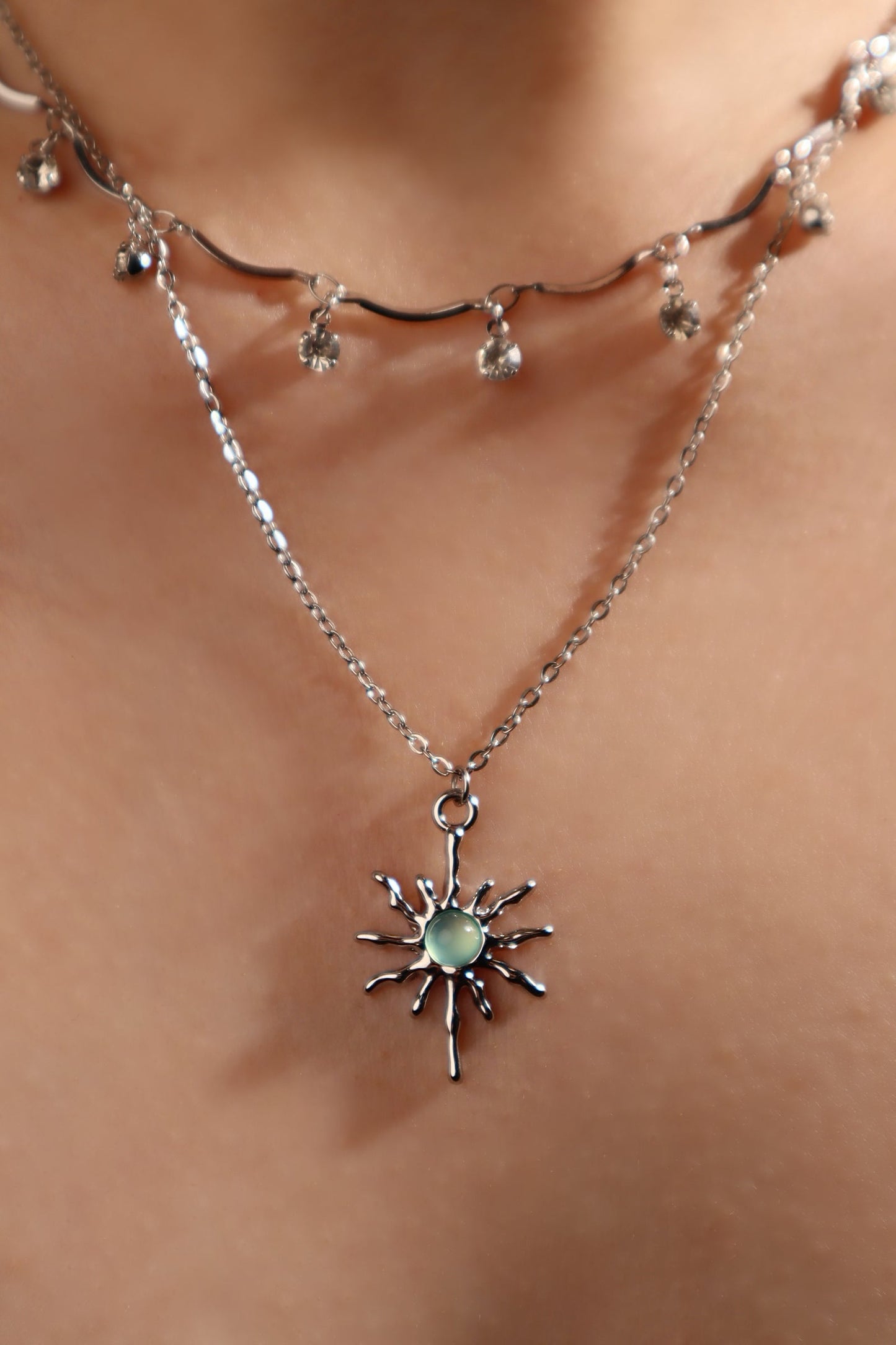 Palladium White Gold Plated Pole Star Wave Layer Necklace