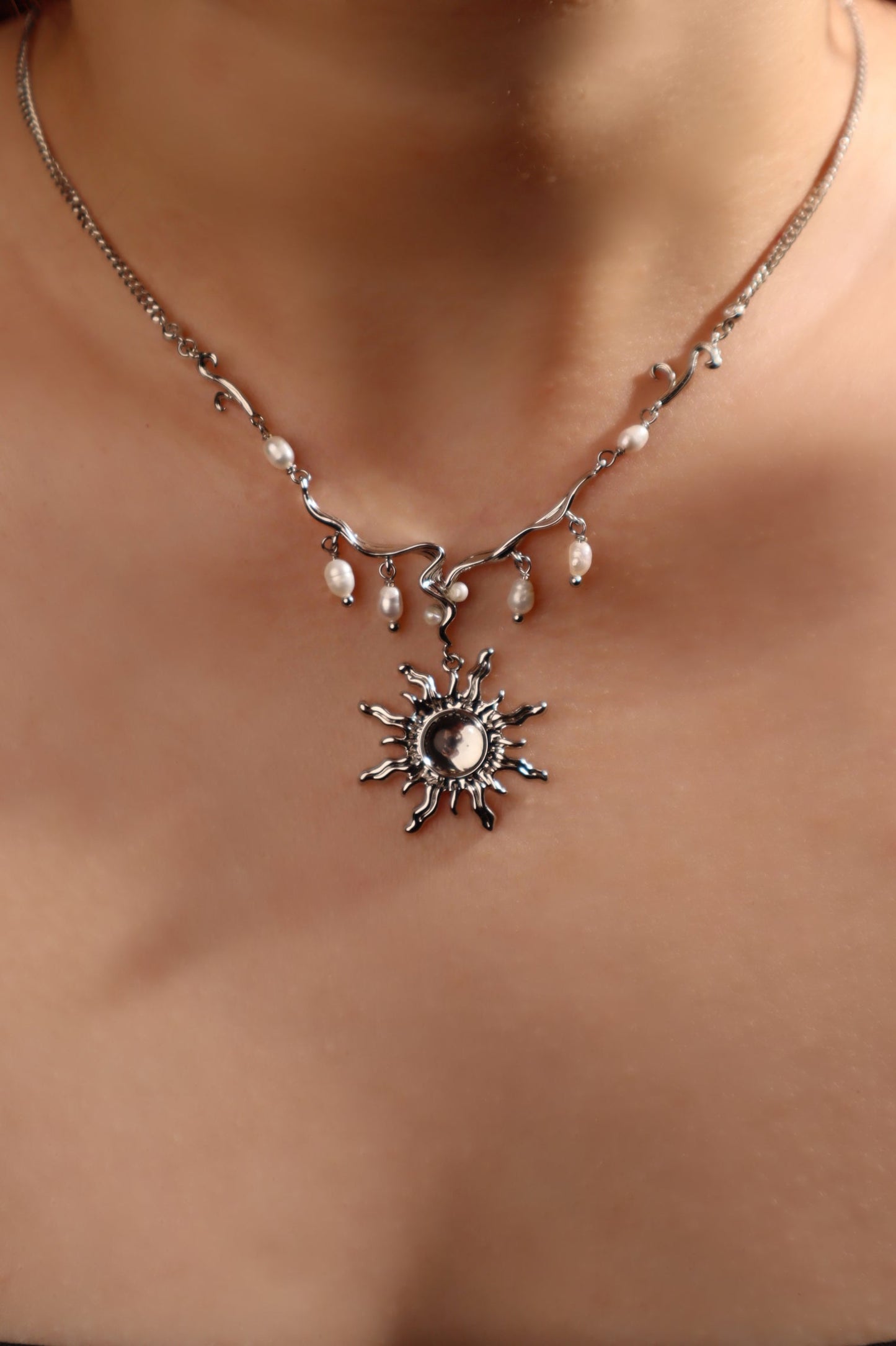 Palladium White Gold Plated White Opal Sun Pearls Necklace