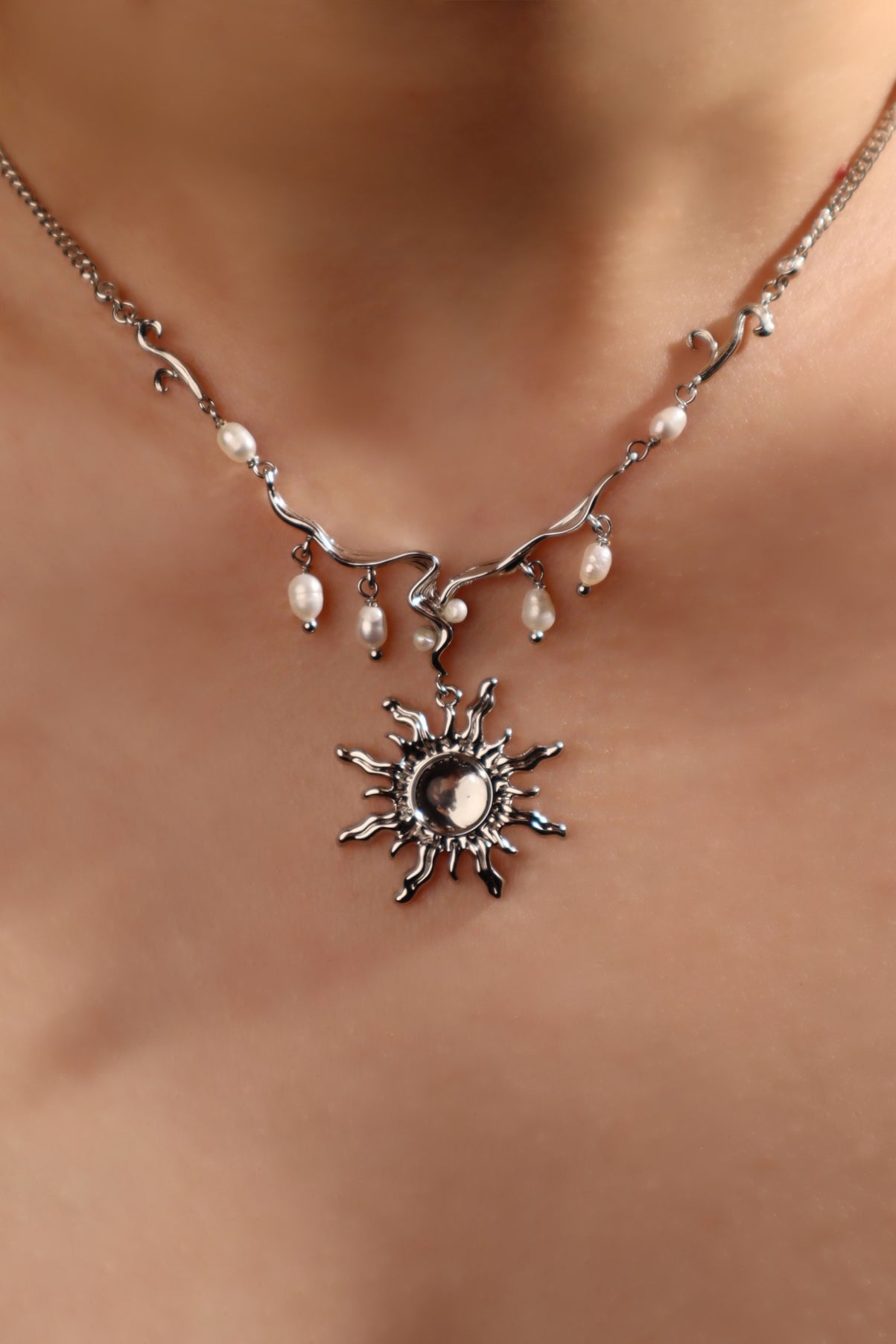 Palladium White Gold Plated White Opal Sun Pearls Necklace