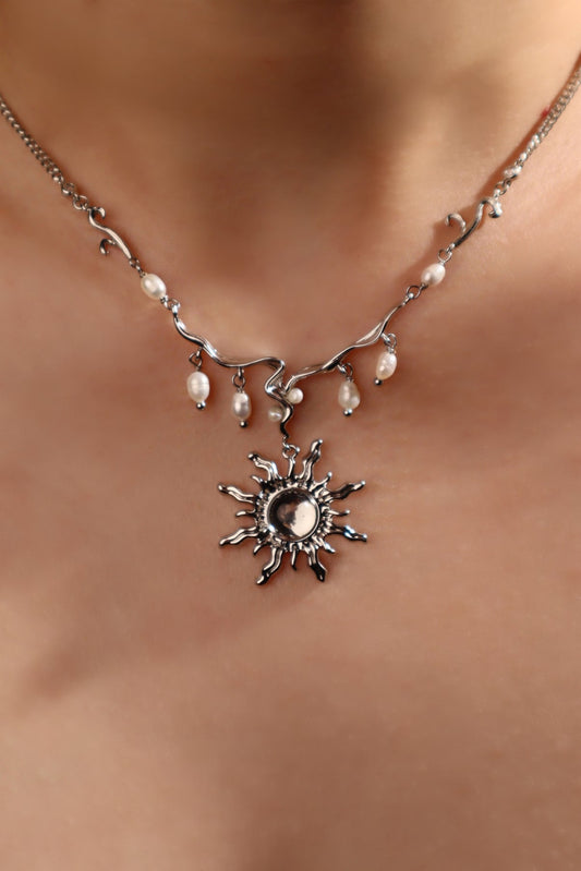 Palladium White Gold Plated White Opal Sun Pearls Necklace