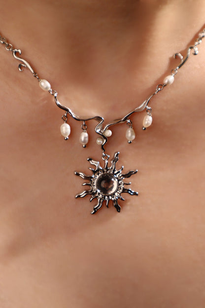 Palladium White Gold Plated White Opal Sun Pearls Necklace
