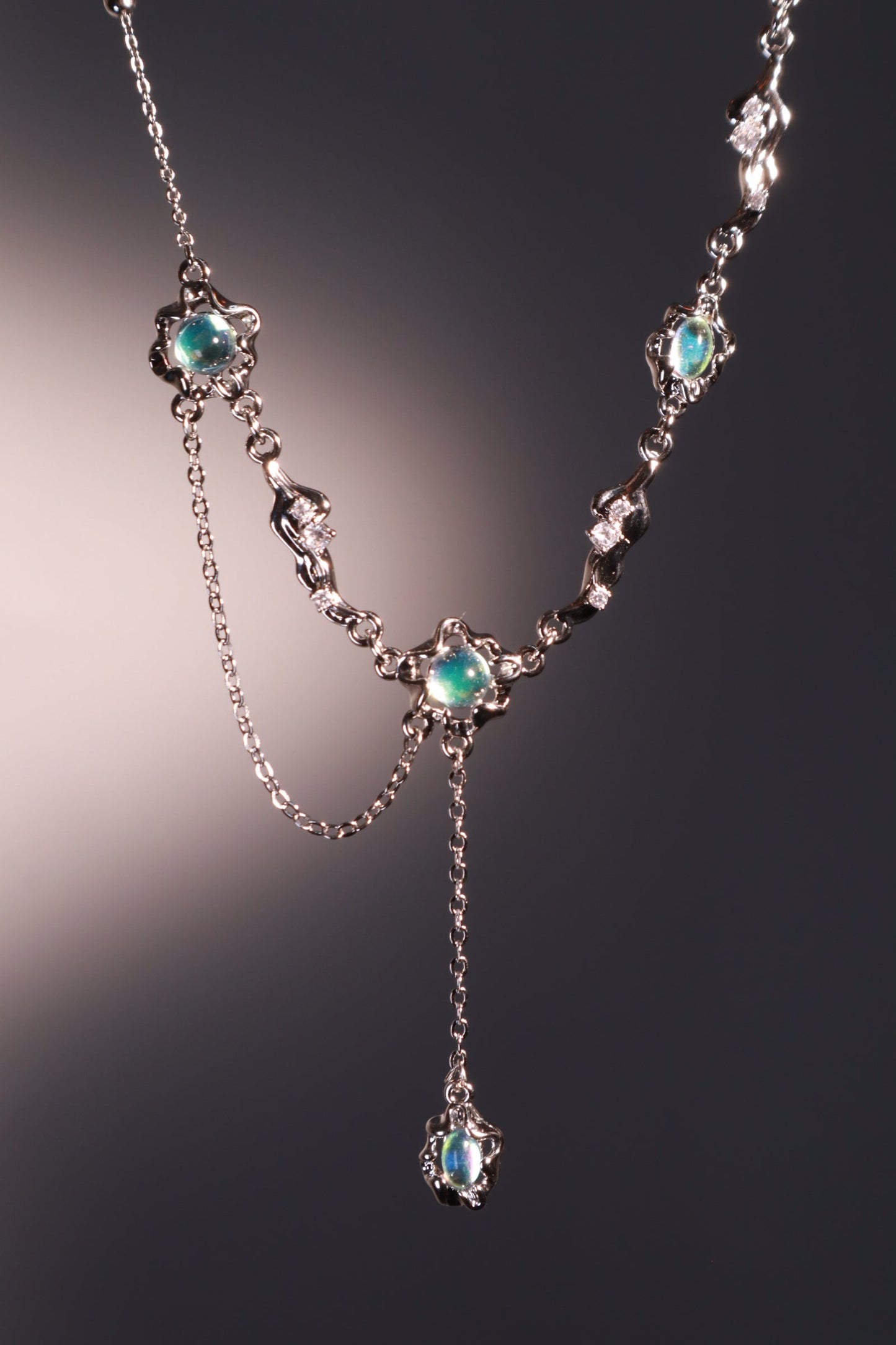 Palladium White Gold Plated Multi Opal Dangle Necklace
