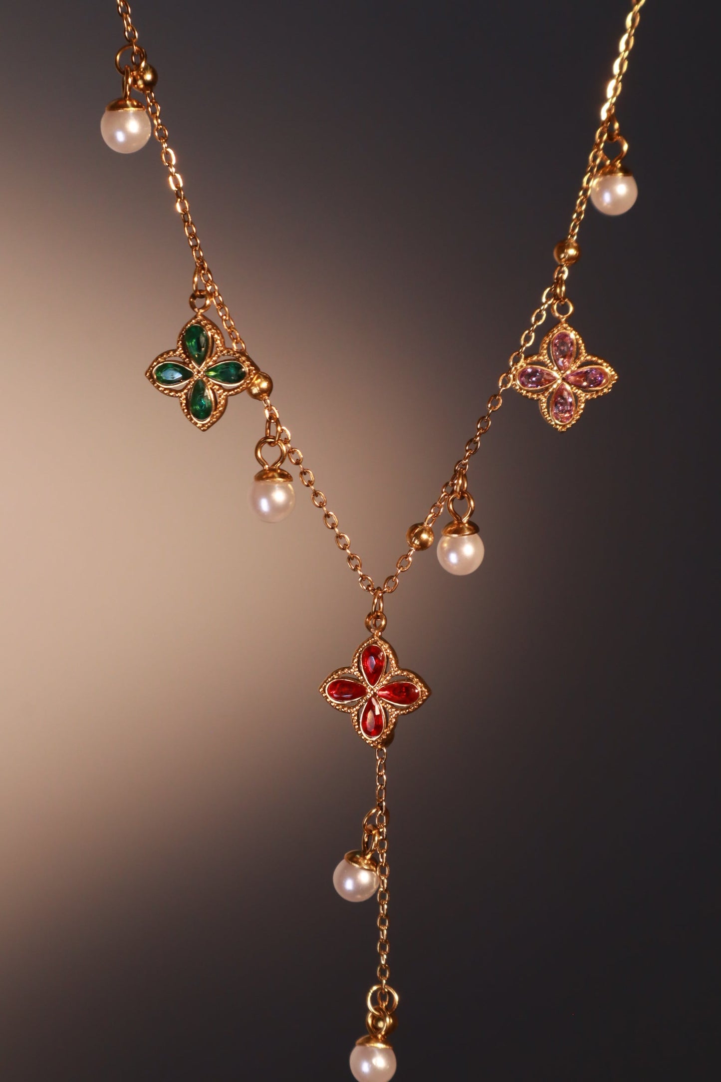 18K Gold Stainless Steel Color Petal Lariat Necklace
