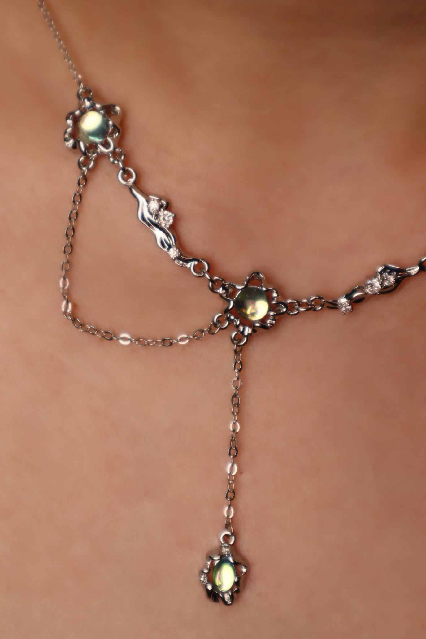 Palladium White Gold Plated Multi Opal Dangle Necklace