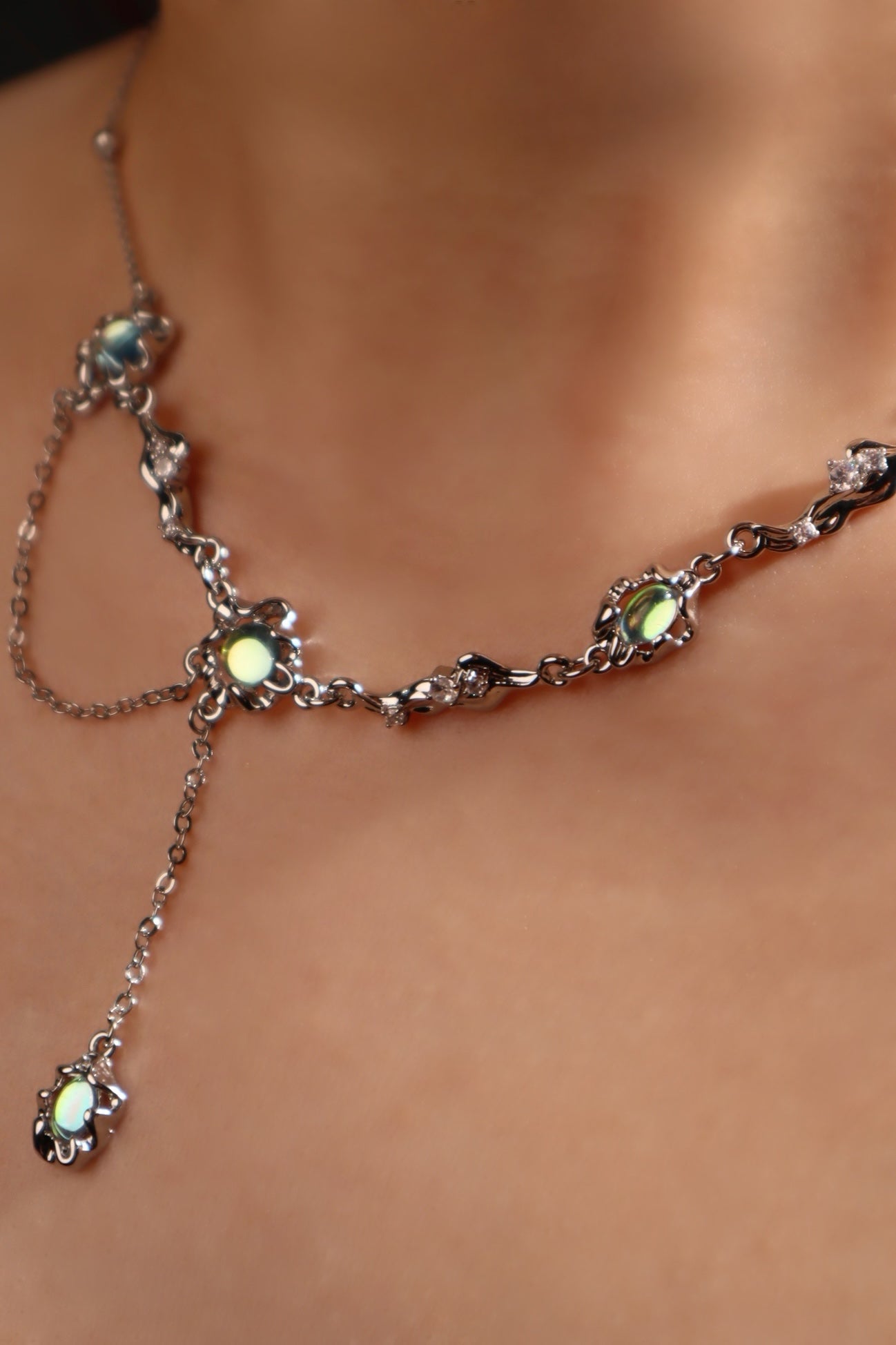 Palladium White Gold Plated Multi Opal Dangle Necklace
